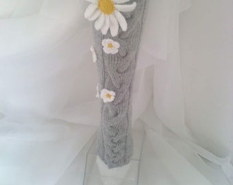 Camomile Knit Socks, Gray And White Socks, Flowers Knee Leg Warmers, Camomile Flower Warmer