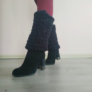 Short Black Leg Warmers, Knitted Leg warmers, Chunky Leg Warmers, Fuzzy Boot Cuffs, Fluffy Boot Toppers image 3