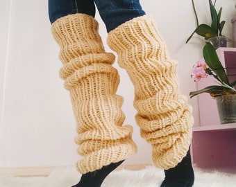 Chunky Seamless Leg warmers, Undyed Merino Wool, Fluffy Leggings , Cream Unisex Tourist Boots Warmer