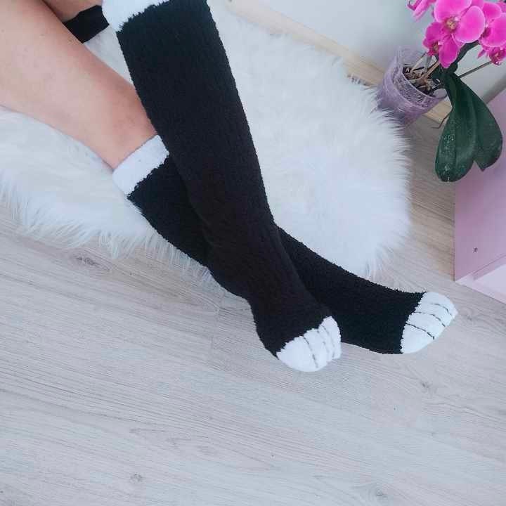 Paw Cat Knitted Socks, Black Paw Cat, Thigh High Plush Socks, Fuzzy Paw Long Ankle Boots