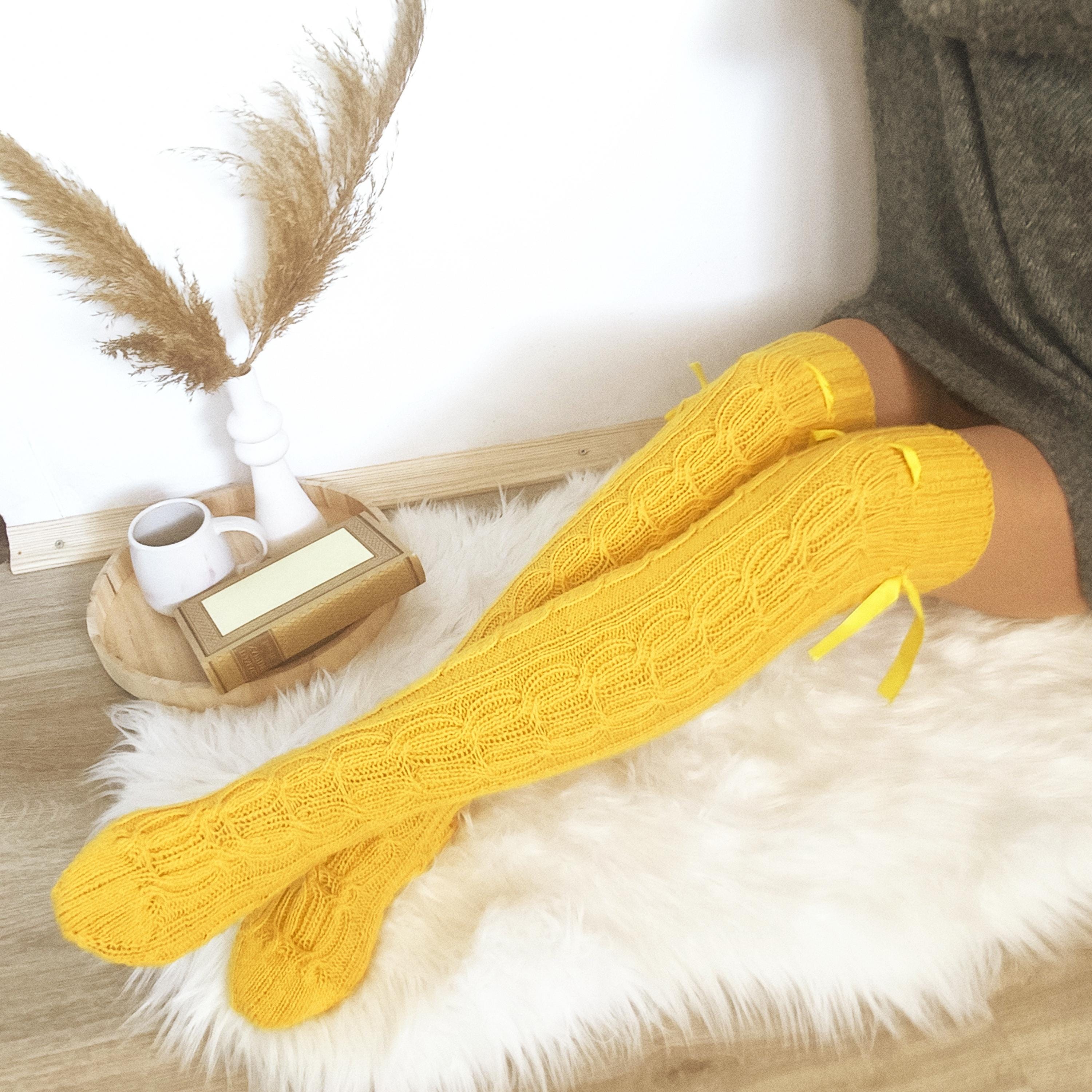 Yellow Cable Knit Thigh High Socks | Chunky Wool Over the Knee