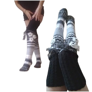 Extra Long Socks,Thigh High Socks, Sexy Black White Women's Socks, Long Wool Socks, Black Grey Flowers Socks