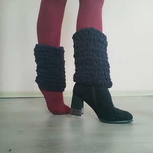 Short Black Leg Warmers, Knitted Leg warmers, Chunky Leg Warmers, Fuzzy Boot Cuffs, Fluffy Boot Toppers