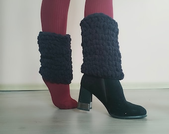 Short Black Leg Warmers, Knitted Leg warmers, Chunky Leg Warmers, Fuzzy Boot Cuffs, Fluffy Boot Toppers