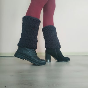 Short Black Leg Warmers, Knitted Leg warmers, Chunky Leg Warmers, Fuzzy Boot Cuffs, Fluffy Boot Toppers image 5