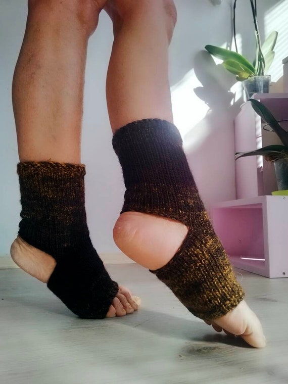 Knitted Flip Flop Socks, Pilates Socks, Black Mustard Socks