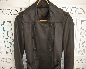 Size S. Women's Leather Coat. Lady's Black Leather Вouble-breasted Сoat Jacket. Vintage Women’s Leather Blazer. Size US 6/ UK 12/ EU 36