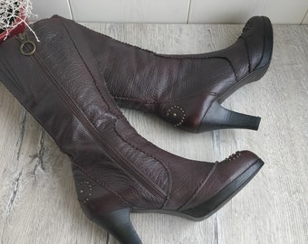 PEPE CASTELL Spanish Women's Leather Boots with Rivets. Brown Real Leather Boots. High Heel. Vintage Real Leather Shoes. Size 10us /8uk/41eu