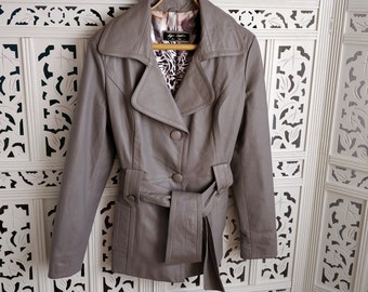 Size XL. Women’s Vintage Leather Jacket with Belt. Grey Genuine Leather Jacket. Real Lambskin Leather Blazer. Size 16 us/ 20 uk/ 46 eu