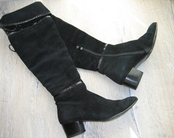 Size 6us. CARA Woman’s Knee-high Suede Leather Boots. Long Black Leather Boots. Vintage Genuine Leather Boots. Size 6us / 4uk / 36eu