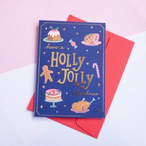 Carte de Noël feuille d'or, carte de joyeux Noël, belle carte de Noël, carte de voeux Holly Jolly, carte de luxe, carte or élégante