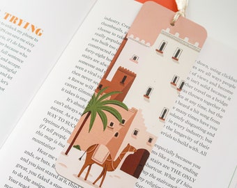 Moroccan bookmark, Desert bookmark, Single sided bookmark, Travel art, Gift for travel lover, Bookmark with tassel, Cute Camel bookmark