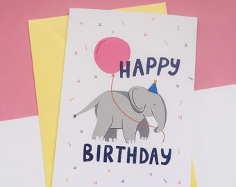 Elephant Party Greeting Card, Illustrated Cute Card, A6 Happy Birthday Card, Animal Character Greetings Card, Children Birthday Fun Card