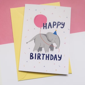 Tarjeta de felicitación de cumpleaños, linda tarjeta ilustrada, tarjeta A6, tarjeta de felicitación con personajes de animales, divertida tarjeta de cumpleaños para niños, elefante