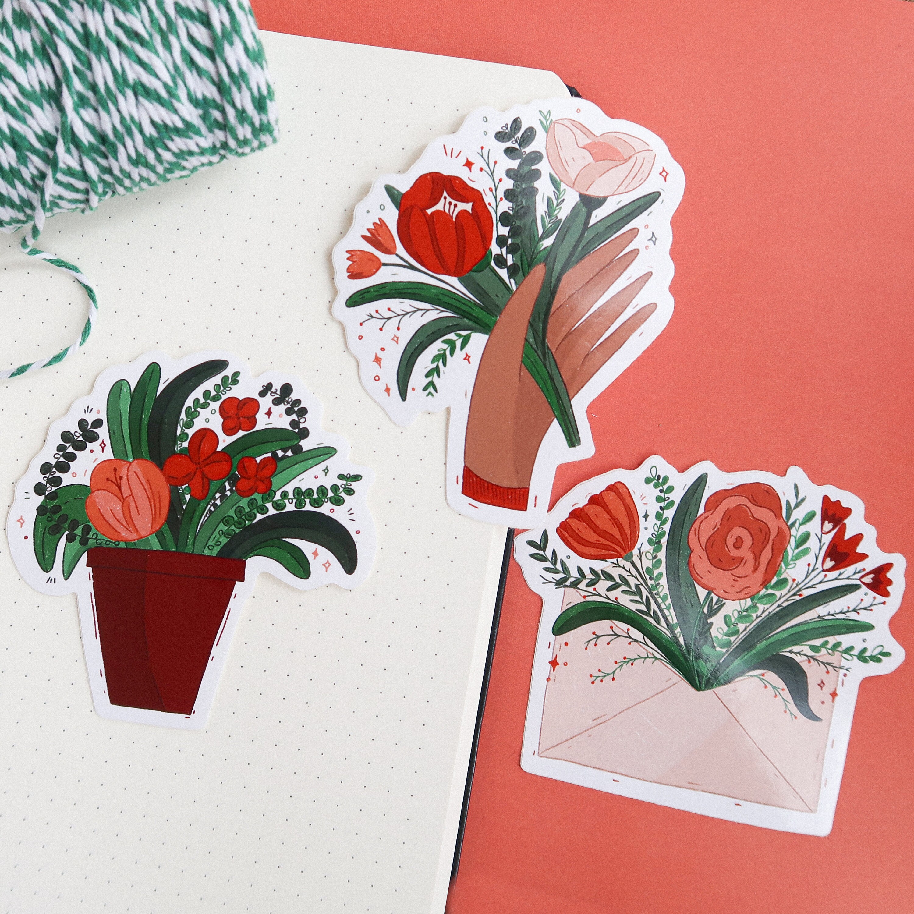 Set of 3 Floral Vinyl Stickers Illustrated Flower stickers Etsy