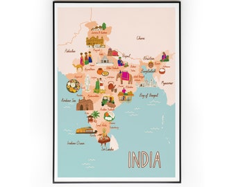 Illustrierte Indien Karte Print: Kultur, Essen, Wahrzeichen (A4, A3)
