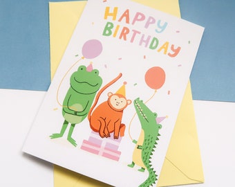 Animal Party Greeting Card, Illustrated Cute Card, A6 Birthday Card, Frog Monkey Crocodile Quirky Card