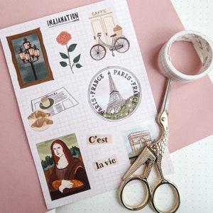 Paris Sticker Sheet, France Travel Stickers, Aesthetic Vinyl Stickers A6, Eiffel Tower Planner Stickers, Journal Scrapbook Art