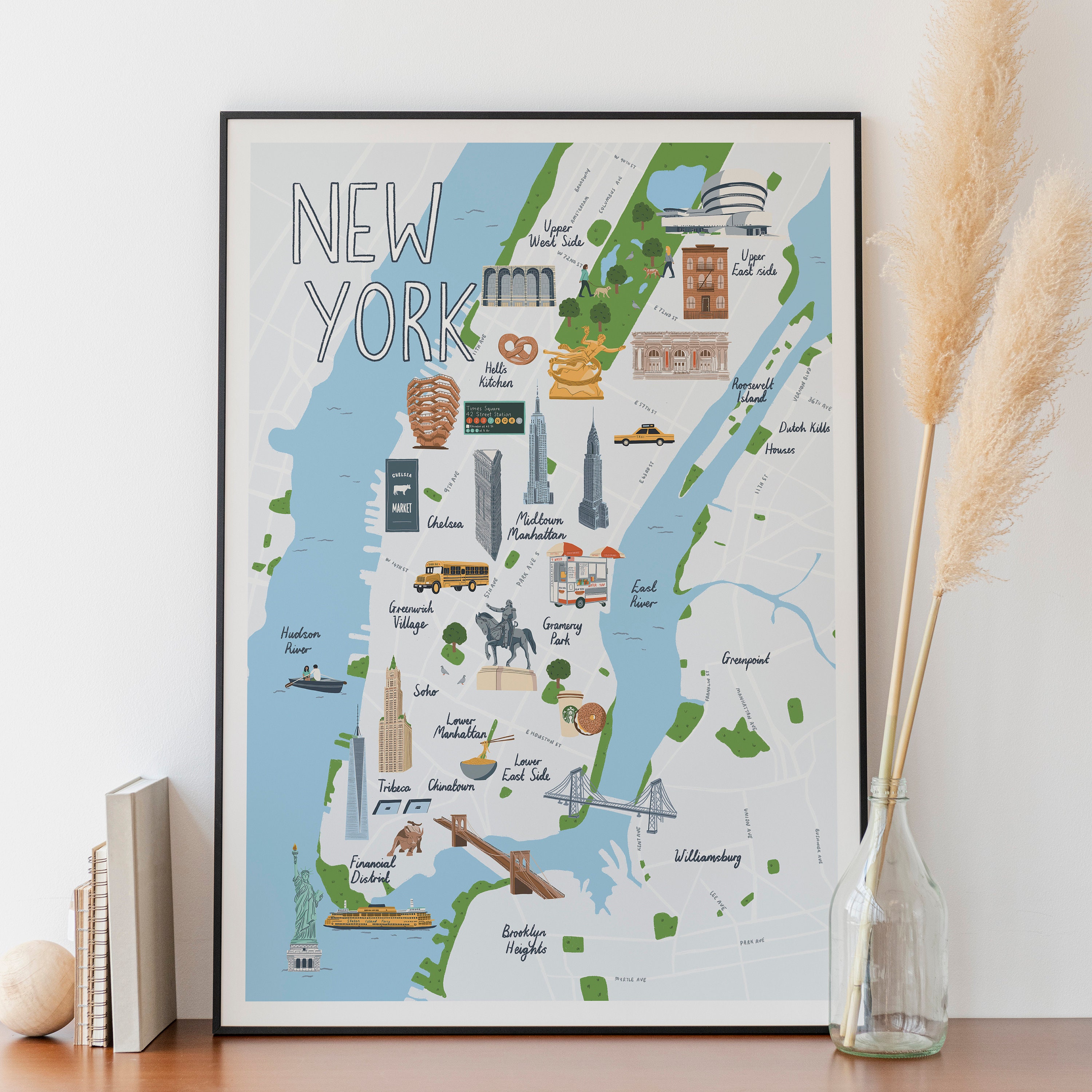 New York City Map Print: Hand-illustrated NYC Landmarks, Travel
