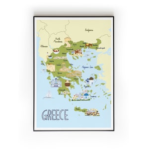 Griechenland illustrierte Karte, Griechenland Karte Kunstdruck Geschenk, Wandkunst A4, A3, Mittelmeerdruck, Santorini, Crete, Wohndekor Druck, Reisedruck