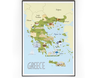 Greece Illustrated Map, Greece Map Art Print Gift, Wall Art A4, A3, Map Print Illustration, Santorini, Crete, Home decor prints, Travel Gift