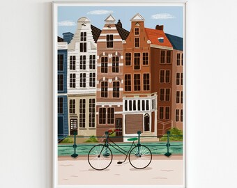 Amsterdam Art Print: Colorful Canal House Illustration, Netherlands Travel Poster