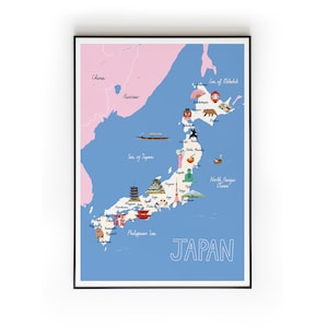 Carte du Japon, carte illustrée du Japon A4, cadeau d'impression de carte du Japon, Tokyo, Kyoto, art mural, impression de voyage, cadeau de pendaison de crémaillère, impressions de décoration d'intérieur