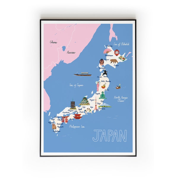Mapa de Japón, Mapa ilustrado de Japón A4, Regalo de impresión de mapa de Japón, Tokio, Kioto, Arte de pared, Regalo de Año Nuevo, Regalo de inauguración de la casa, Impresiones de decoración del hogar