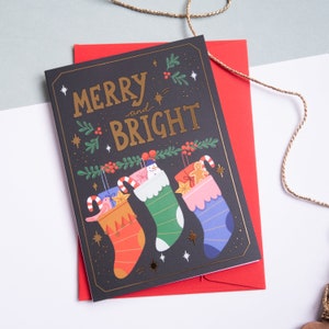 Carte de Noël feuille d'or, carte de joyeux Noël, joyeux et lumineux, cadeau de remplissage de bas, carte mignonne festive, carte scintillante, belle carte or