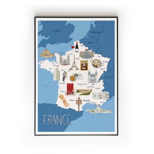Mapa ilustrado de Francia, impresión de viaje a París, Torre Eiffel, arte mural A3, A4, ilustración de mapa, impresión de decoración del hogar, arte mural, regalo de inauguración de la casa