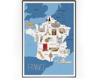 France Map Print: Paris Travel Poster, Eiffel Tower Art