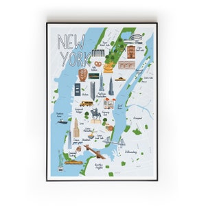 New York Karte, illustrierte Karte Wandkunst, Manhattan, Empire State Building, Central Park, Brooklyn Bridge, A3, A4, Wohnkultur