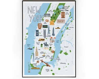 New York Map Print, Illustrated Map Wall Art, Manhattan, Empire State Building, Central Park, Brooklyn Bridge, A3, A4, Home decor prints