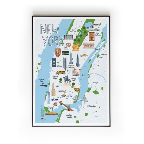 New York Map Print, Illustrated Map Wall Art, Manhattan, Empire State Building, Central Park, Brooklyn Bridge, A3, A4, Home decor prints