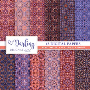 Purple digital paper orange mosaic pattern paper geometric scrapbook paper aztec party paper damask wedding celebration paper pack