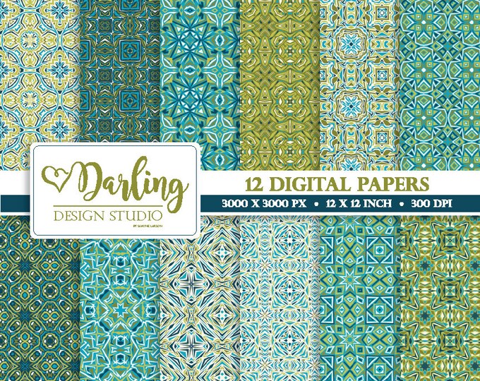 Digital Paper Moroccan Instant Download Mosaic Pattern Green Blue ...
