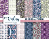 Damask digital paper, pattern pack, geometrical scrapbook paper, festive background paper, instant download paper set, unique design sale