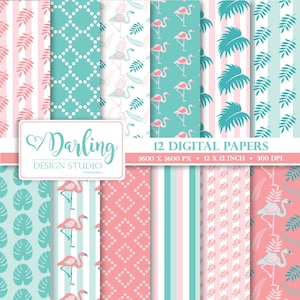 Flamingo digital paper pack, Tropical digital paper, pink background paper ,Seamless pattern, summer scrapbook paper