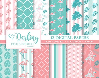 Flamingo digital paper pack, Tropical digital paper, pink background paper ,Seamless pattern, summer scrapbook paper