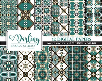 Mosaic digital paper, Moroccan tiles pattern, seamless lisbon tiles scrapbook paper, instant download, paper crafts, green pattern retro.