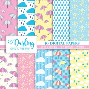 Pacote de papel digital Rain. Papel de scrapbook digital guarda-chuva. Abril chove papel digital Pacote de papel de primavera. Imprimível na nuvem. Download instantâneo.