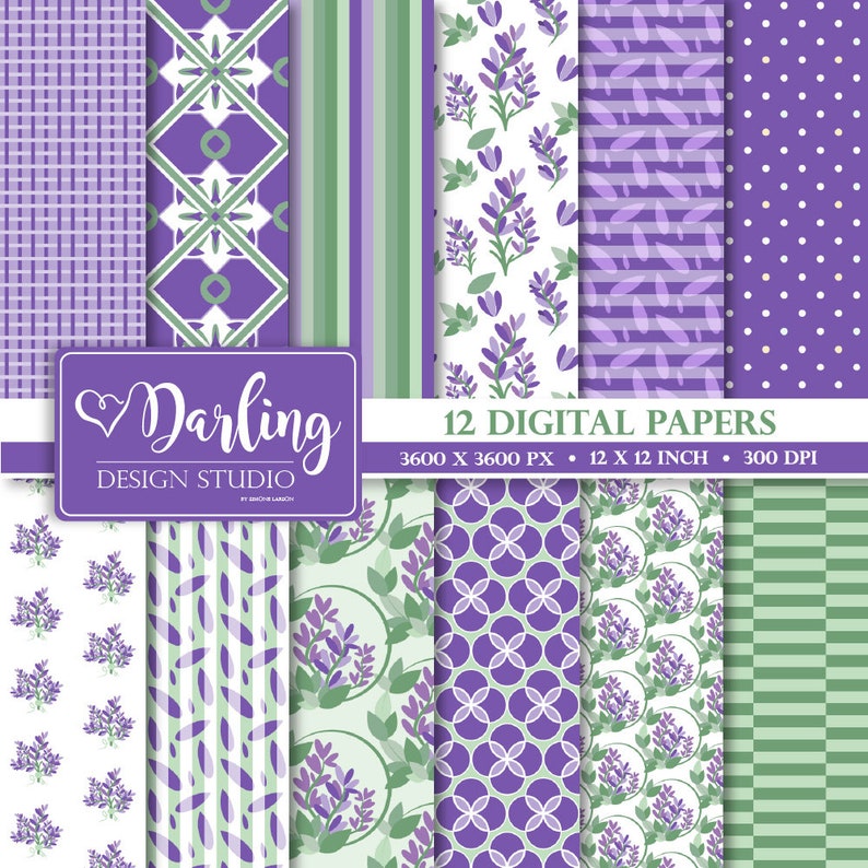 Lavender Digital Paper Flower Scrapbook Paper Green Seamless Pattern Set Instant Download Printable Paper Pt038