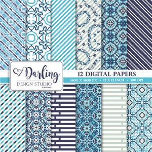 Blue digital paper, stripes seamless pattern, geometric scrapbook paper, instant download, morrocan pattern set striped - PT047