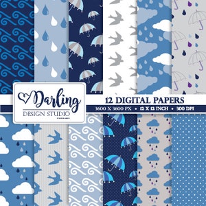 Rainy weather digital paper pack Umbrella paper Spring background paper Printable paper Blue scrapbook paper Instant download clouds paper