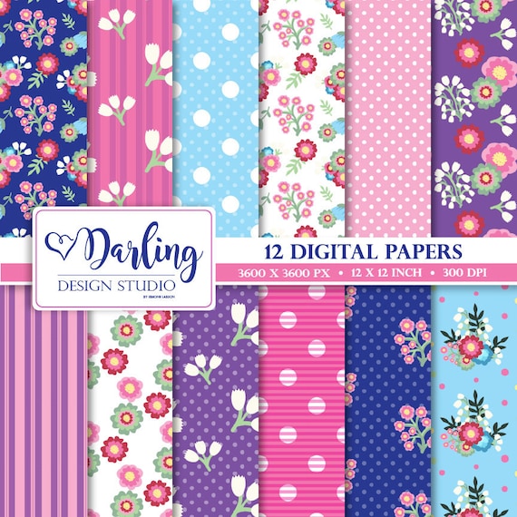 Flower digital paper, floral seamless pattern, pink scrapbook paper, instant download, mother day paper pack, 12 x 12 inches, PT036