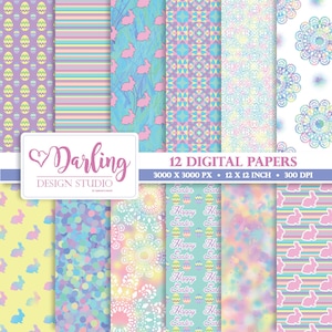 Pacchetto di carta digitale di Pasqua. Stampabili di Pasqua. Coniglietto di Pasqua. Pacchetto di carta scrapbooking. Documento di base. Pastelli. Download istantaneo.