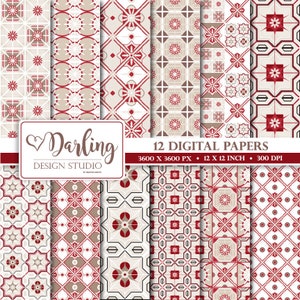 Rood digitaal papier, Marokkaanse naadloze patroon, oosterse papier, instant download, scrapbook papier, 12 x 12 inch, Arabisch patroon