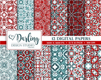 Moroccan digital paper, red tiles seamless pattern, scrapbook paper, blue mosaic patterns, Lisbon tiles, arabesque, ethnic - PT042
