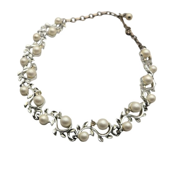 Vtg Coro Faux Pearl & Rhinestone Vine Necklace 15 "