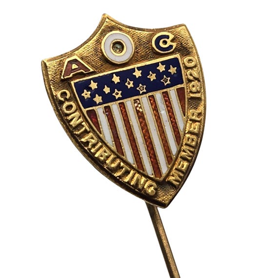 Vintage AOC 14K Gold Filled Enamel Shield Stickpin Contributing Member 1920 Patriotic Design 2 1/2 " x 5/8 "